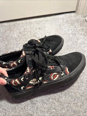 Vans Black Skate Sneakers with Red & Cream Skull and Mouth Graphics